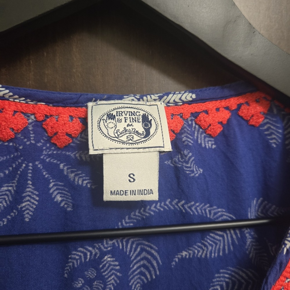 Irving & Fine x Lucky Brand Popover Print Top Embroidered Boho Red Blue Small - Picture 4 of 13